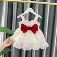 Summer thin girls bow suspender skirt princess skirt baby girl summer dress stylish children's dress  White