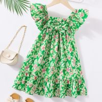 Girls summer new style dress small and medium children's floral splicing princess dress  Green