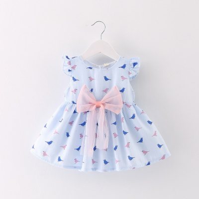 Summer new style children's clothing girls Korean style trendy abstract bird big bow dress