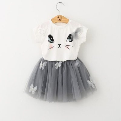 Vêtements d'été pour enfants, T-shirt chat mignon + jupe moelleuse pour filles, nouvelle collection