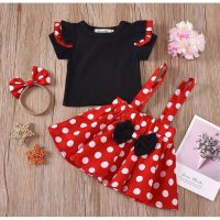 Pleated skirt for kids autumn and winter long-sleeved cartoon polka dot suspender skirt for kids with hair band 5T European and American girls suit  Red