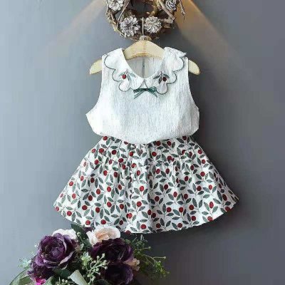 Summer Girls Set Sleeveless Embroidered Cotton and Linen Top + Pleated Skirt Factory Direct Sales