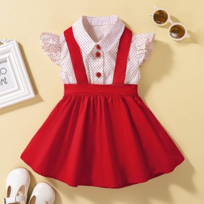 نمط جديد للفتيات الصيف البولكا نقطة طية صدر السترة الأعلى حبال الطفل الأحمر مطوي تنورة النمط الغربي بدلة من قطعتين