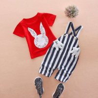 New summer suits for girls with cute printed suspenders and two-piece suits for boys with suspenders  Red