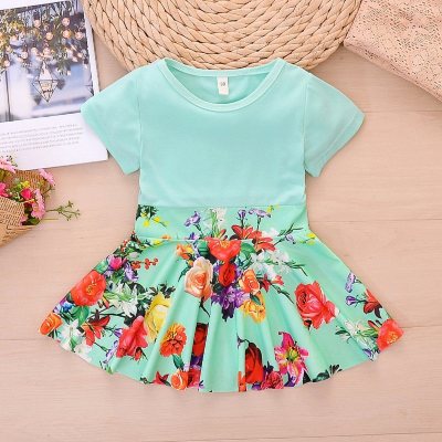 Summer new Korean style girls solid color matching dress short sleeve princess dress