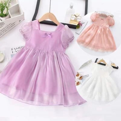 Summer new spot solid color girls Korean style trendy three-color short-sleeved shimmering dress children's princess dress