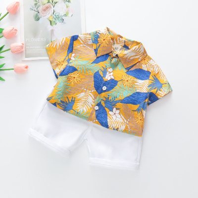 Spring and summer boys leaf print + shorts suit beach holiday style short-sleeved shorts two-piece suit