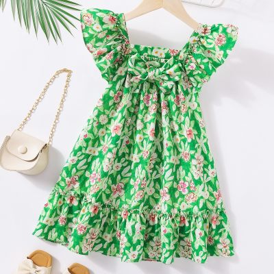 Vestido novo estilo de verão para meninas, vestido de princesa com emenda floral para crianças pequenas e médias