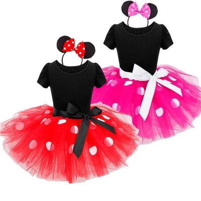 Meninas Moda Polka Dot Estilo Europeu e Americano Mickey Dance Malha Vestido Princesa