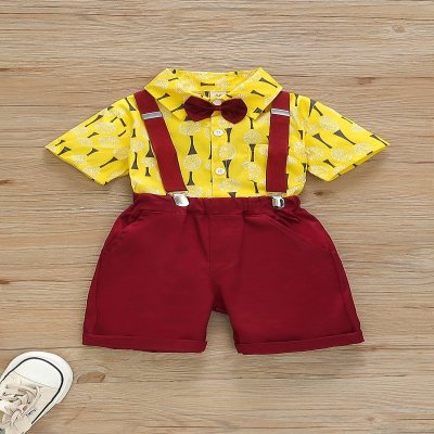New spring and summer boys print + shorts suit gentleman holiday style short-sleeved shorts two-piece suit