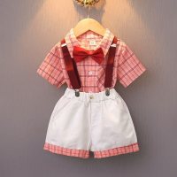 New brother and sister plaid dress beach vacation style short-sleeved plaid suspender suit  White