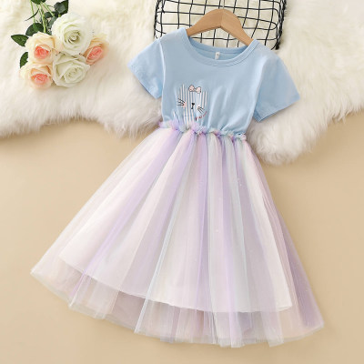 Kids Girls Cat Print Mesh Patchwork Princess Dress