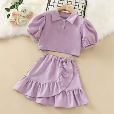 Kids Girls Grace Puff Sleeve Polo Collar Short&Lace Skirt Suit