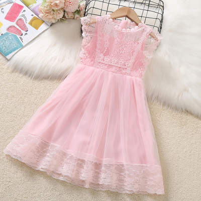 Kid Girl Solid Color Floral Mesh Patchwork Sleeveless Dress