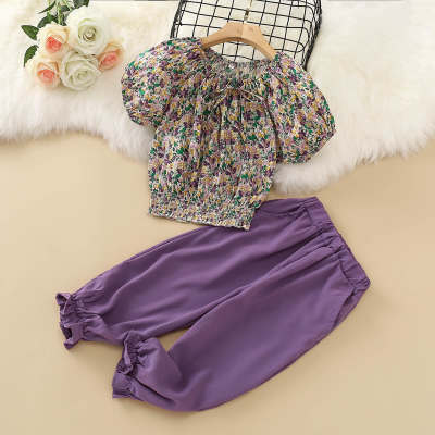 Kids Girls Summer Floral Slash Neck Lap&Purple Pants Suit