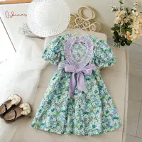 فستان الأميرة الأزهار الصغيرة للفتيات الصغيرات بفيونكة متسربة من الخلف ملابس الأولاد والبنات لعيد الفطر 2022 أخضر