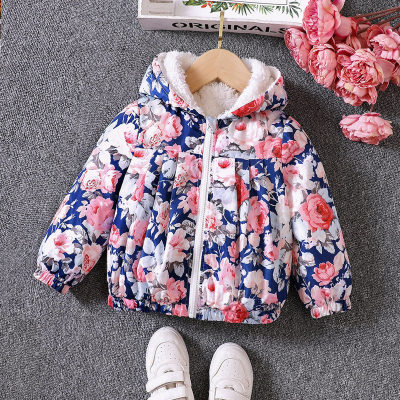Jaqueta infantil feminina com estampa floral e forro de lã com capuz