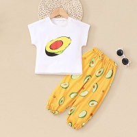 2-piece Toddler Girl Pure Cotton Avocado Printed Short Sleeve T-shirt & Allover Printed Pants  Yellow