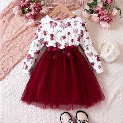 2-قطعة طفل فتاة الأزهار المطبوعة شبكة المرقعة طويلة الأكمام فستان وحزام