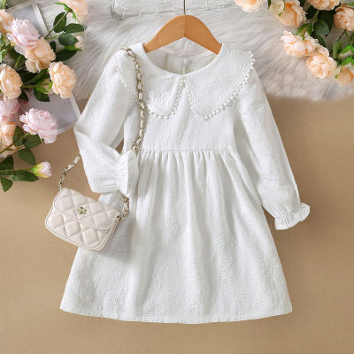 Toddler Girl Solid Color Embroidery Lapel Long Sleeve A-line Dress