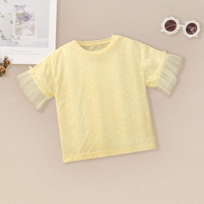Toddler Girl Pure Cotton Solid Color Mesh Patchwork Short Sleeve T-shirt