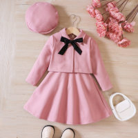 4-piece Toddler Girl Solid Color Sleeveless Vest Dress & Lapel Jacket&beret &Bow Trim Strap  Pink