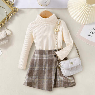 Toddler Solid Color Polo NeckTop & Plaid Skirt