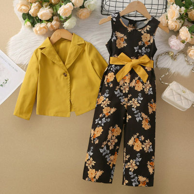 3-piece Toddler Girl Floral Sleeveless Romper & Solid Color Button-up Blazer & Bowknot Tie