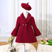 معطف وقبعة مكونة من قطعتين للفتيات الصغيرات بلون سادة وأكمام طويلة مرقعة من القطيفة  أحمر