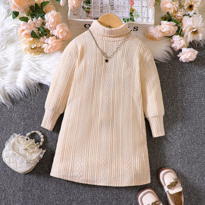 Toddler Girl Solid Color Texture With High Neck and Long Sleeve Dress