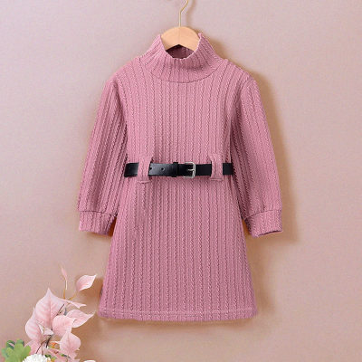 2-piece Toddler Girl Solid Color Textured Turtle Neck Long Sleeve Knitted Dress & Buckle Belt