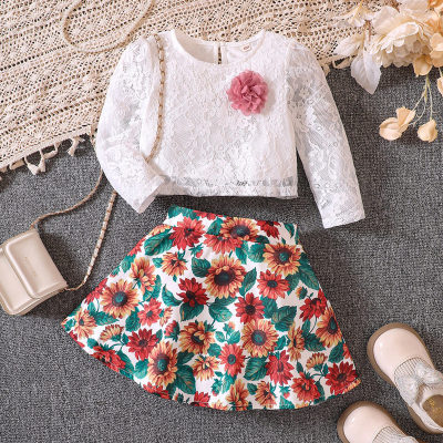 2-piece Toddler Girl Lace Spliced Flower Decor Long Sleeve Top & Allover Floral Printed Skirt