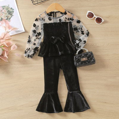 2-piece Toddler Girl Floral Pattern Mesh Patchwork Long Sleeve Top & Matching Flare Pants
