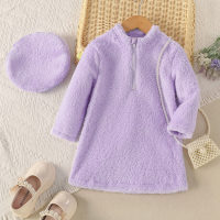 Toddler Girl Solid Long Sleeve A-line Plush Dress & Hat  Purple
