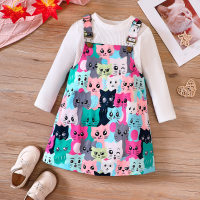 2-piece Toddler Girl Solid Color Long Sleeve Top & Cartoon Print Suspender Skirt  White