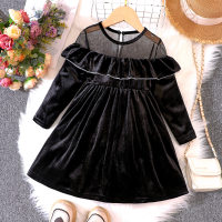 Toddler Girl Solid Color Ruffled Mush Patchwork Long Sleeve Dress  Black