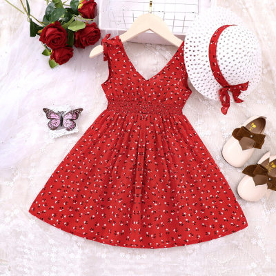 2-piece Toddler Girl Allover Floral Printed V Neck Sleeveless Dress & Matching Hat