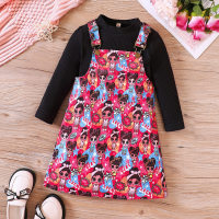 2-piece Toddler Girl Solid Color Long Sleeve Top & Cartoon Print Suspender Skirt  Red