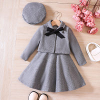 4-piece Toddler Girl Solid Color Sleeveless Vest Dress & Lapel Jacket&beret &Bow Trim Strap  Gray