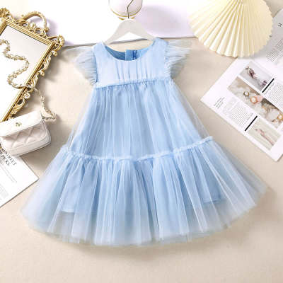 Toddler Solid Color Lace Mesh Hem Sleeveless Dress