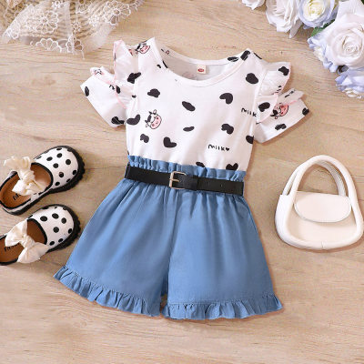 3-piece Toddler Girl Cow Style Short Sleeve Top & Solid Color Shorts & Belt