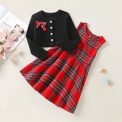 2-piece Toddler Girl Solid Color Bowknot Decor Button Front Cardigan & Plaid Sleeveless A-line Dress