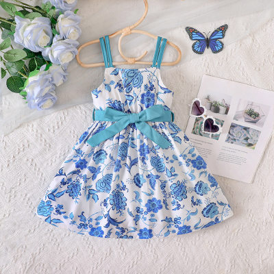 2-piece Toddler Girl Allover Floral Printed Strap Dress & Bowknot Belt