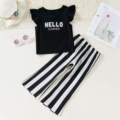 Toddler Girl Casual Plain Letter Print Striped Tank Top & Trousers