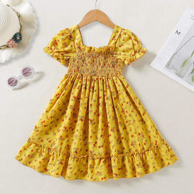 Toddler Floral Printed Ruffled Square Neck Puff Sleeve Dress