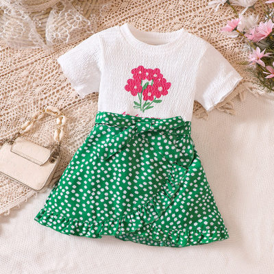 3-piece Toddler Girl Floral Printed Short Sleeve T-shirt & Allover Polka Dotted Skirt & Belt