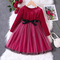 Kid Girl Solid Color Ruffled Mesh Patchwork Round Neck Long Sleeve Dress  Red
