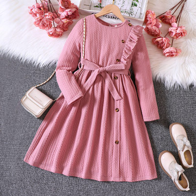 Kid Girl Solid Color Ruffled Button Front Long Sleeve Dress
