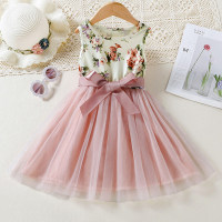 Girl Baby Floral & Bow Knot Decor mesh Sleeveless Dress  Pink