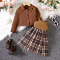 2-piece Toddler Girls Plaid Patchwork Halter Dress & Solid Color Lapel Long Sleeve Corduroy Jacket  Brown